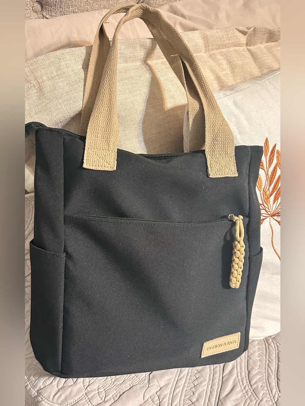 Canvas Tote Bag with Beige Straps - Unbranded Black Tote